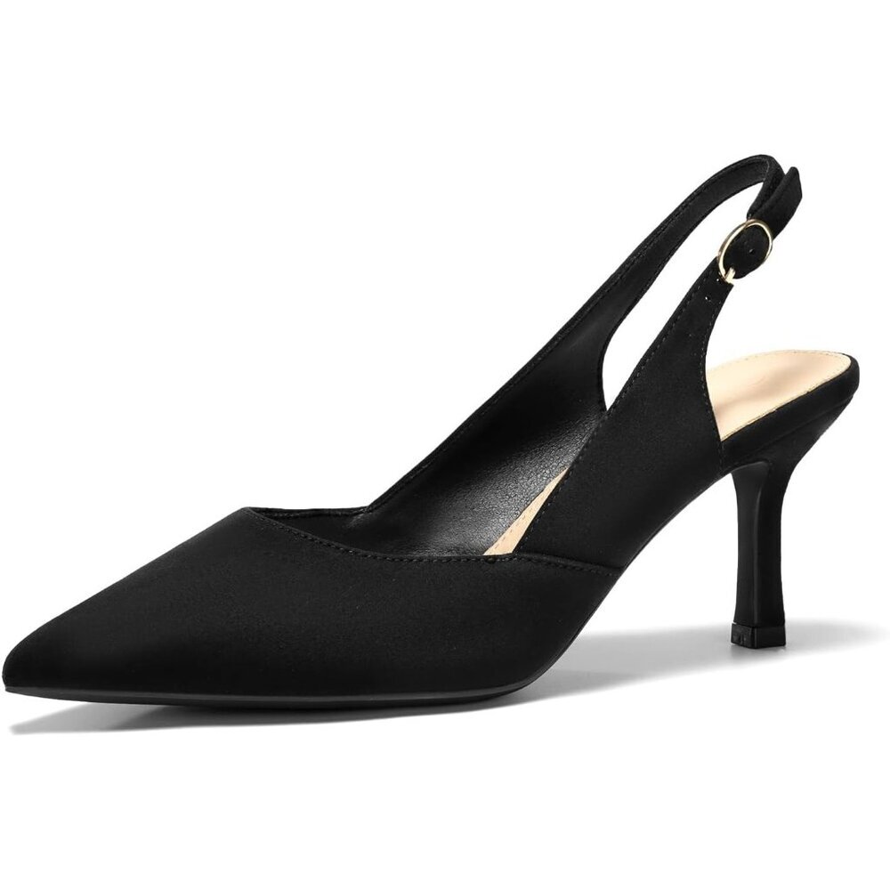 Women's Black Suede Faux Leather Pointed Toe Slingback Stylish Buckle Pump